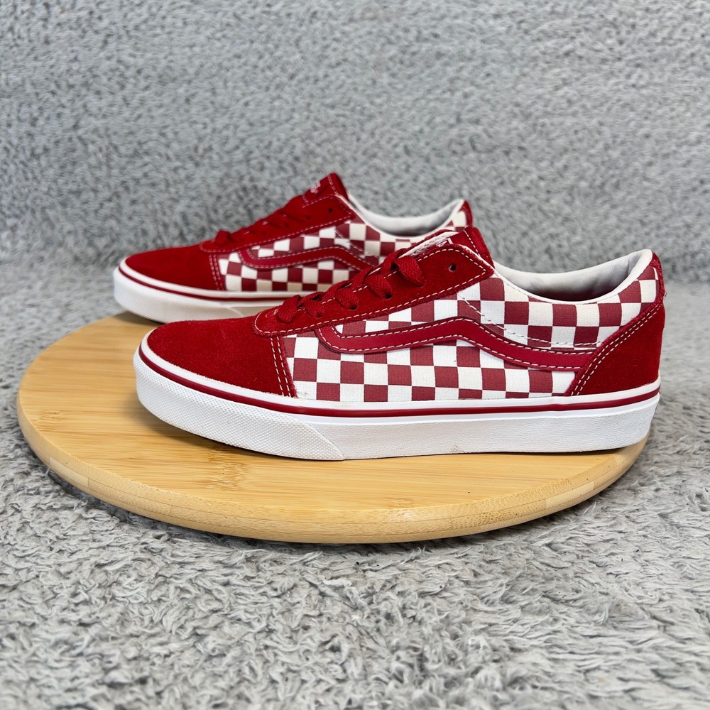Vans Ward Kids Red White Checkerboard Suede Canvas Skate Sneakers Low Top Shoes